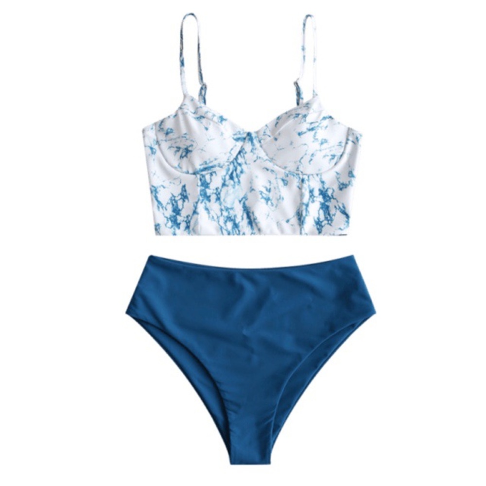 Ocean Marble Print Bustier Tankini Swimsuit - 2PC
